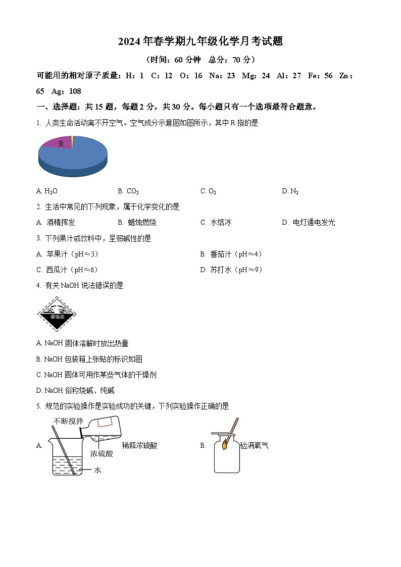 精品解析:江苏省盐城市飞达路初级中学2023-2024学年九年级下学期3月月考化学试题(原卷版)第1页
