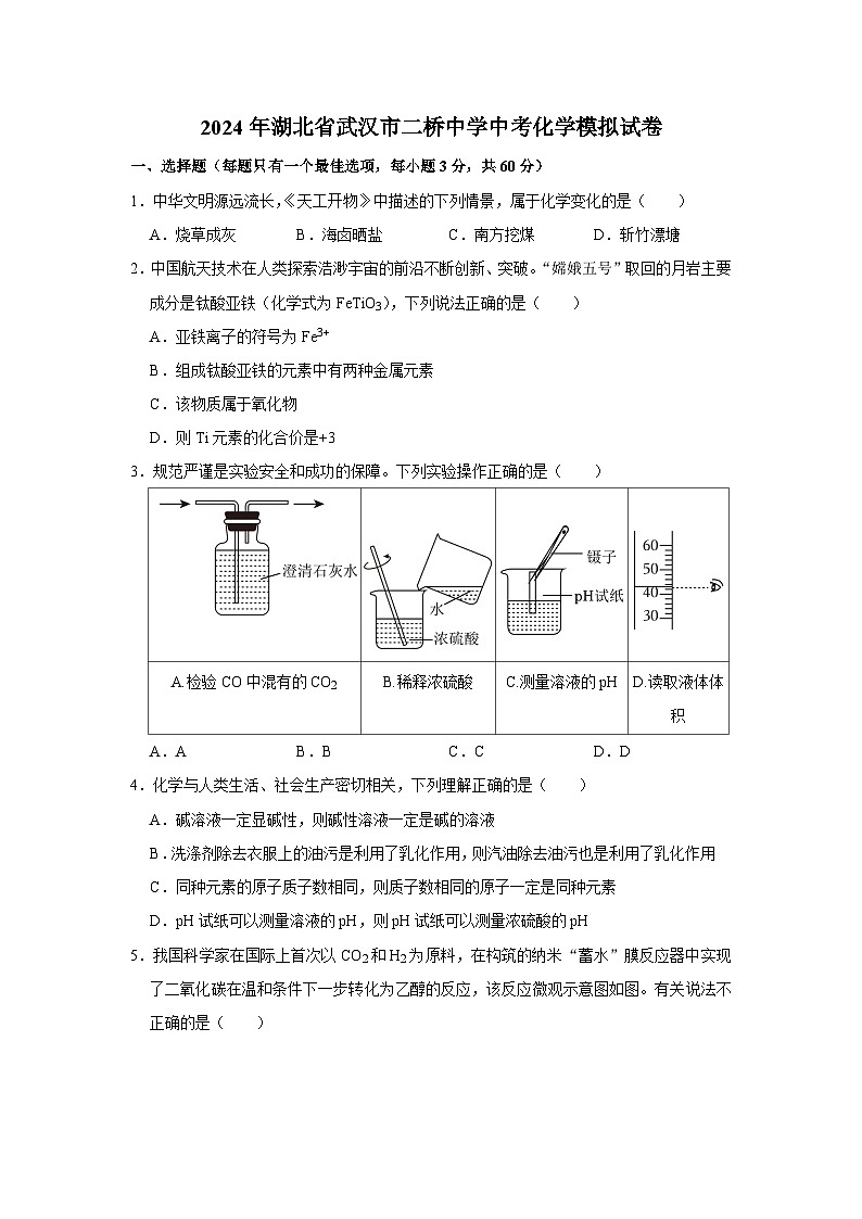2024年湖北省武汉市二桥中学中考模拟化学试卷第1页