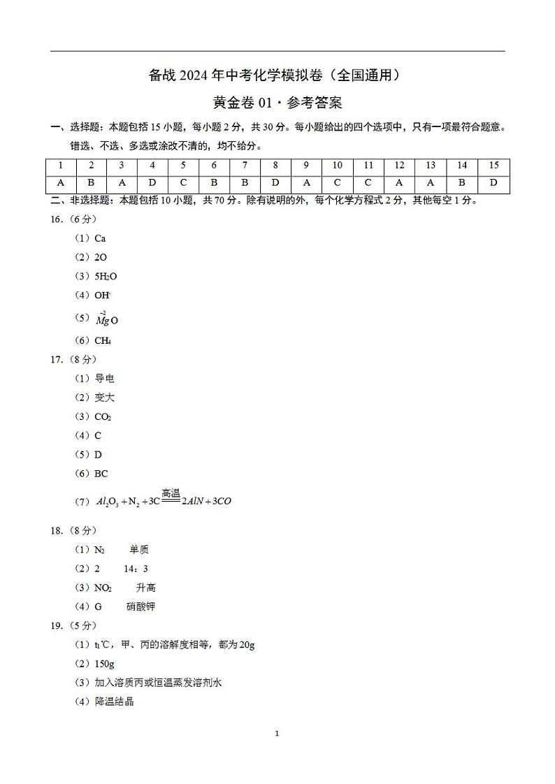 备战2024年初三中考模拟卷:化学卷04(全国通用)(参考答案)第1页