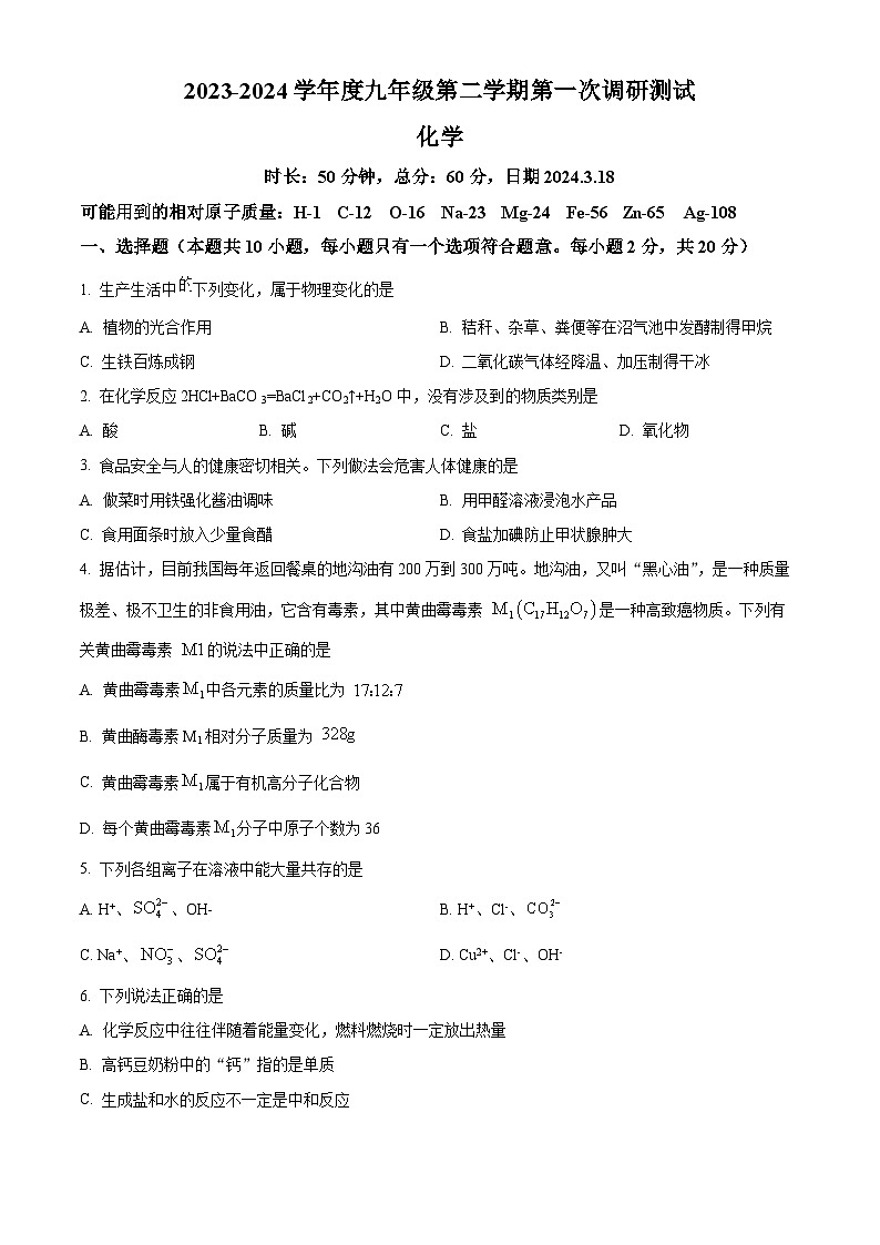 江苏省宿迁市沭阳县沭河中学2023-2024学年九年级下学期第一次调研测试化学试题(原卷版+解析版)01