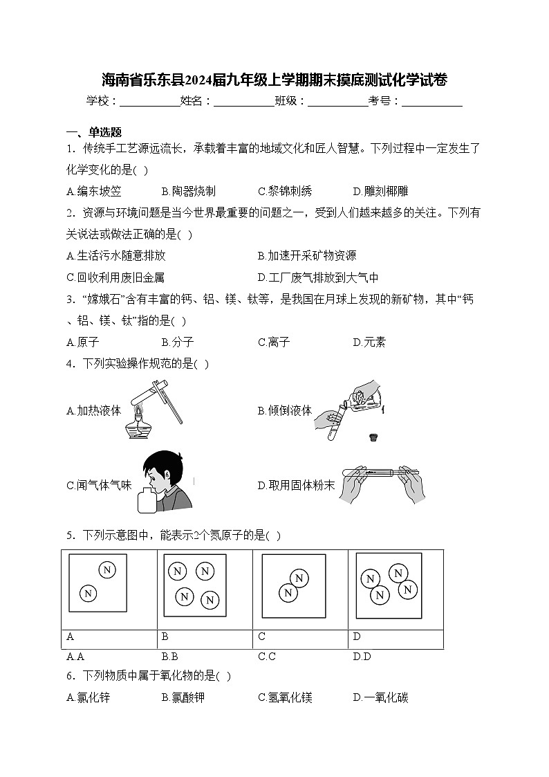 海南省乐东县2024届九年级上学期期末摸底测试化学试卷(含答案)第1页