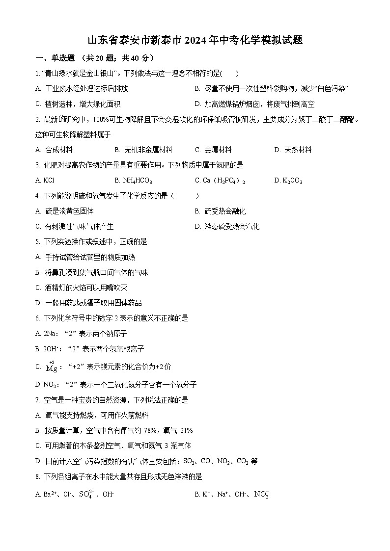 2024年山东省泰安市新泰市中考模拟化学试题(原卷版+解析版)01