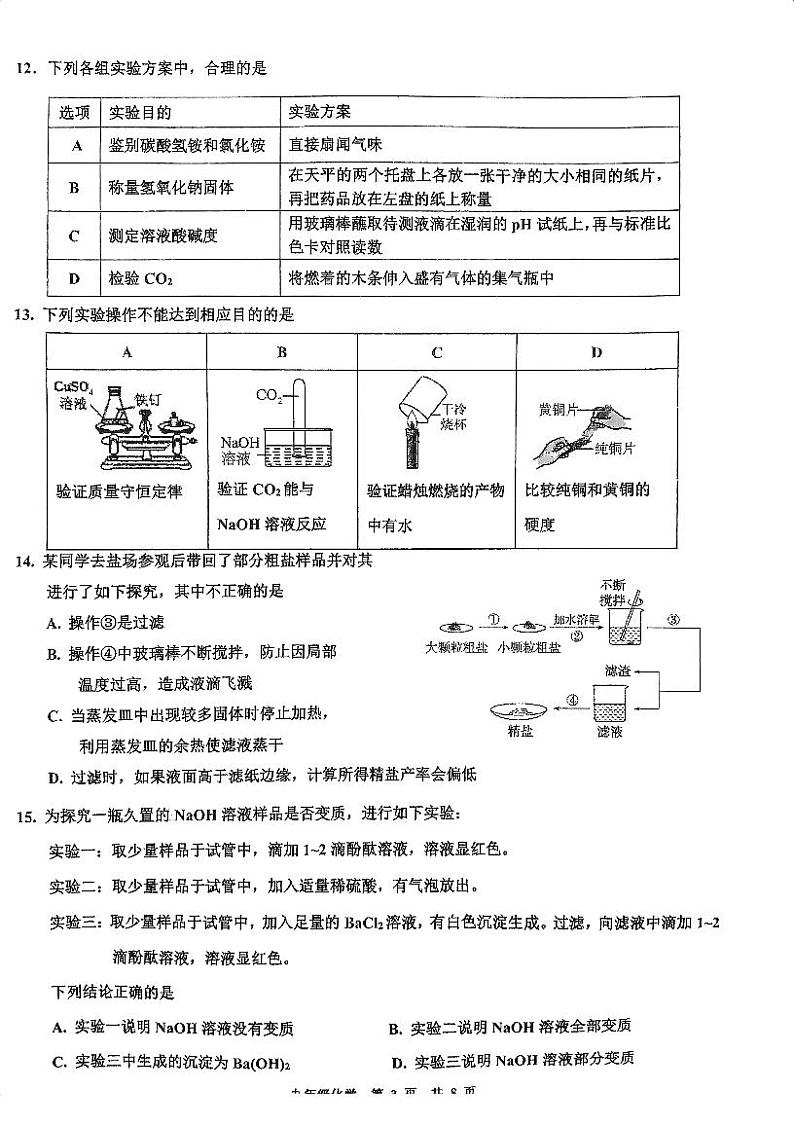 江苏省南京师范大学附属中学树人学校2023-2024学年九年级下学期3月月考化学试卷第3页