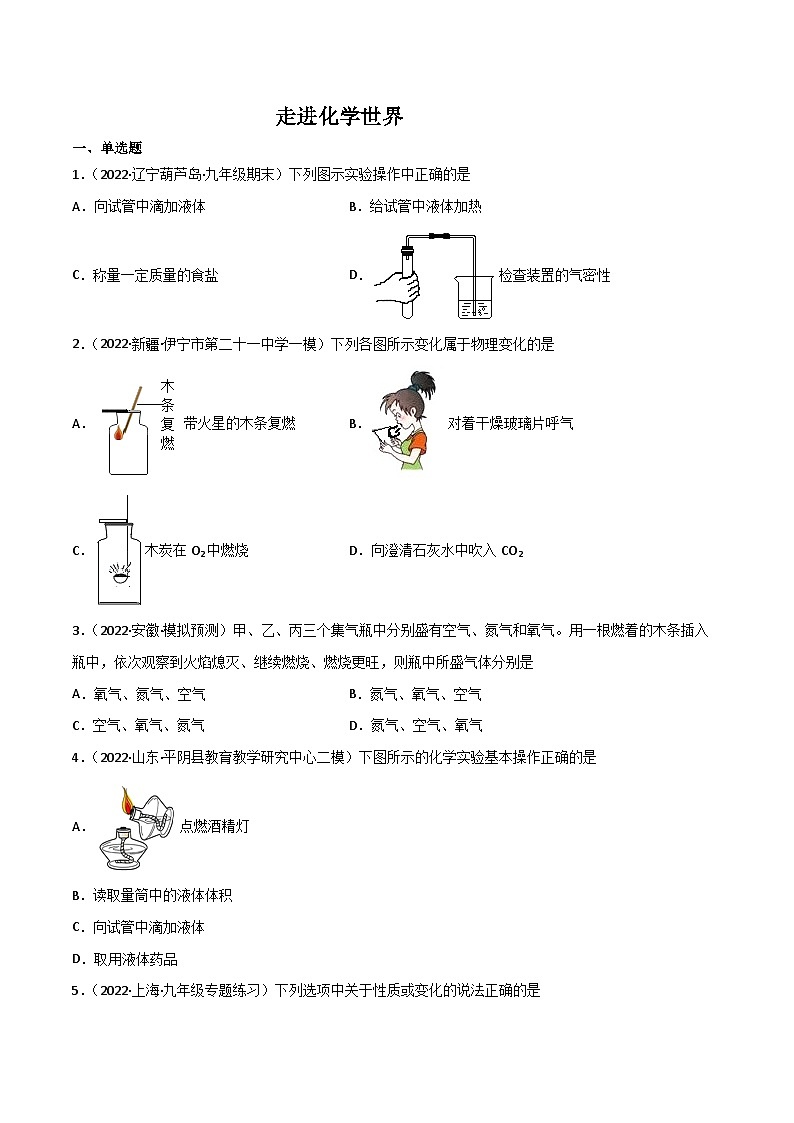 人教版九年级化学上册同步精品练习第一单元走进化学世界(练习)(原卷版+解析)第1页