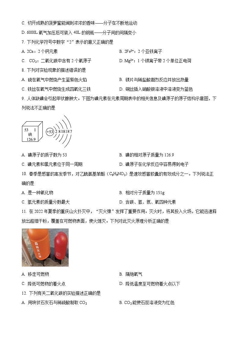 精品解析：2024年重慶市潼南區(qū)中考一?；瘜W(xué)試題（原卷版）第2頁