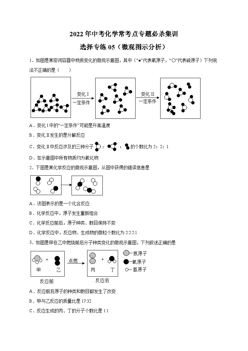 选择专练05(微观图示分析20题)-2022年中考化学常考点专题必杀集训(人教版)(原卷版)第1页