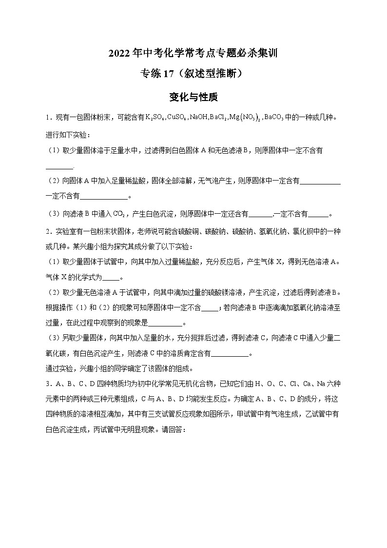 專練17（敘述型推斷15題）-2022年中考化學常考點專題必殺集訓（人教版）（原卷版）第1頁