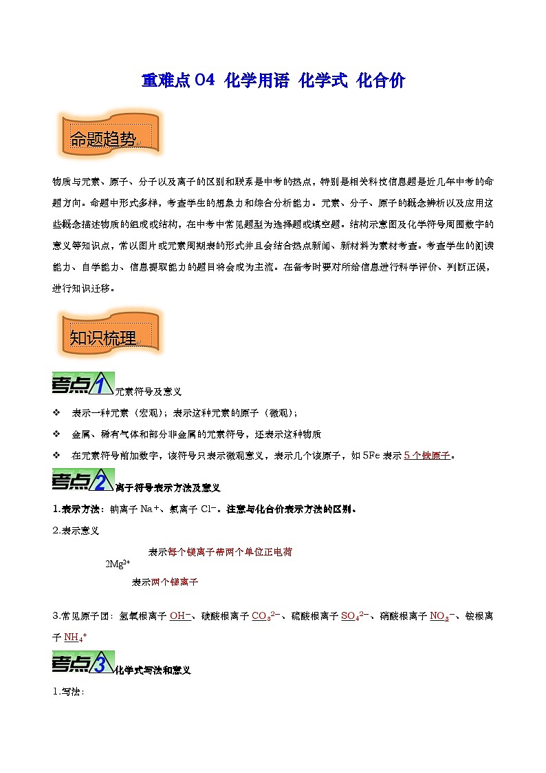 重难点04 化学用语 化学式 化合价-2023年中考化学【热点•重点•难点】专练(全国通用)01