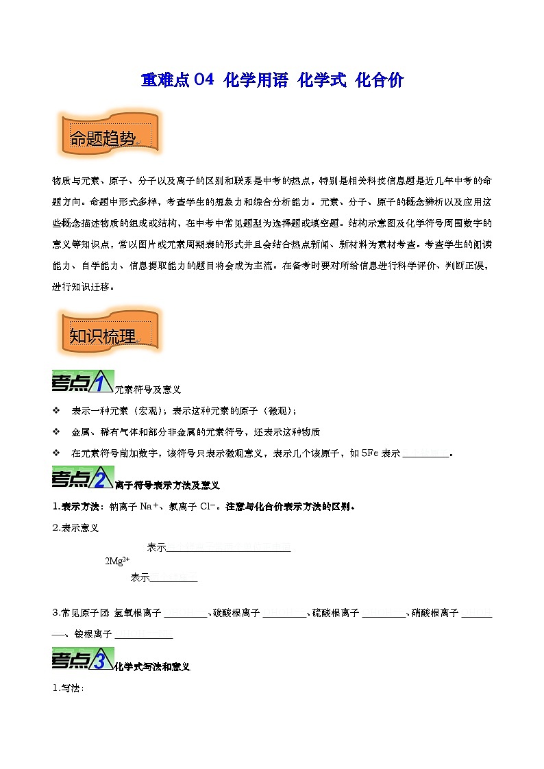 重难点04 化学用语 化学式 化合价-2023年中考化学【热点•重点•难点】专练(全国通用)01