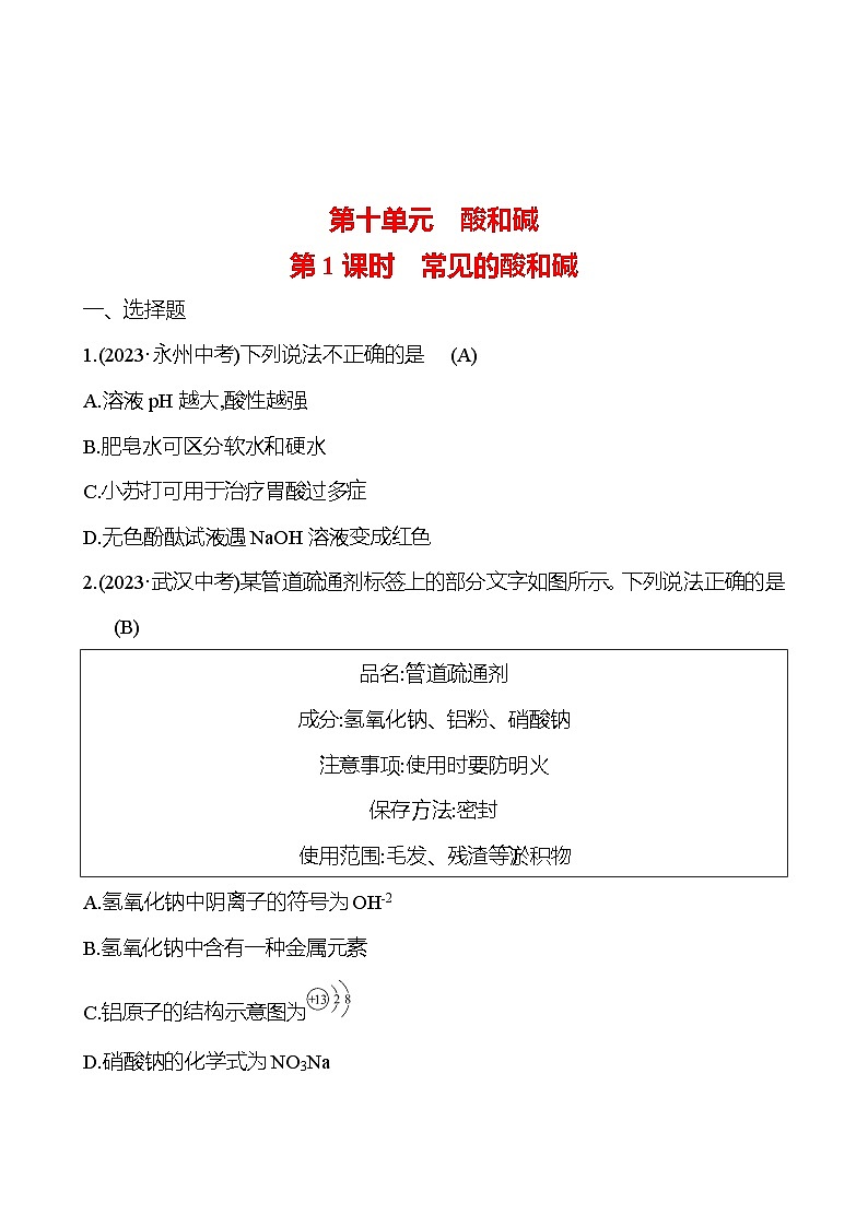 2023-2024 人教版化学 中考一轮复习 第十单元 第1课时 常见的酸和碱 提高练习 (教师版)第1页