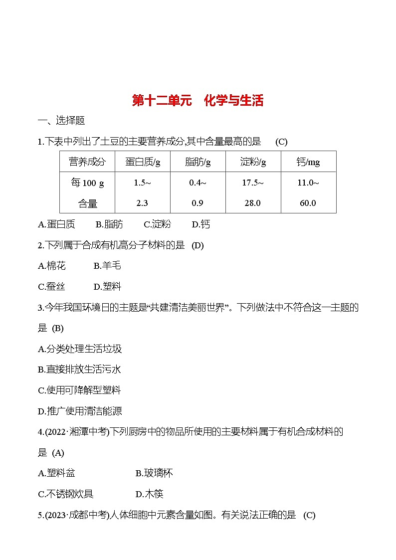 2023-2024 人教版化学 中考一轮复习 第十二单元 化学与生活 提高练习 (教师版)第1页