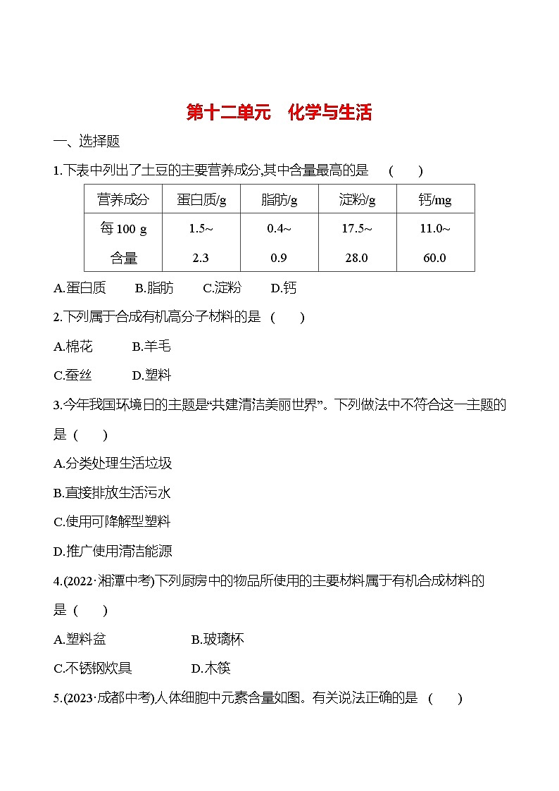 2023-2024 人教版化学 中考一轮复习 第十二单元 化学与生活 提高练习 (学生版)第1页