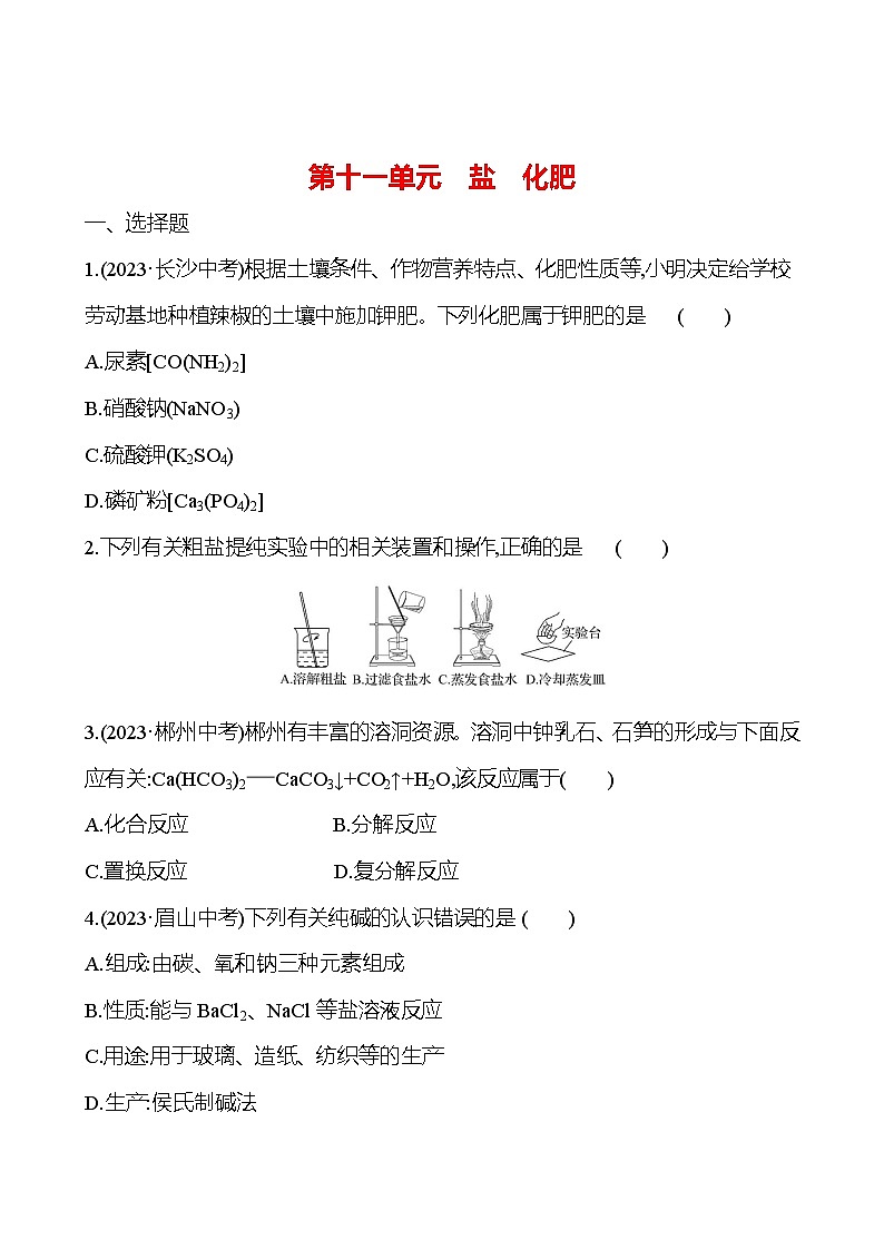 2023-2024 人教版化学 中考一轮复习 第十一单元 盐 化肥 提高练习 (学生版)第1页