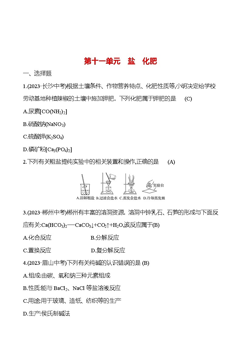 2023-2024 人教版化学 中考一轮复习 第十一单元 盐 化肥 提高练习 (教师版)第1页
