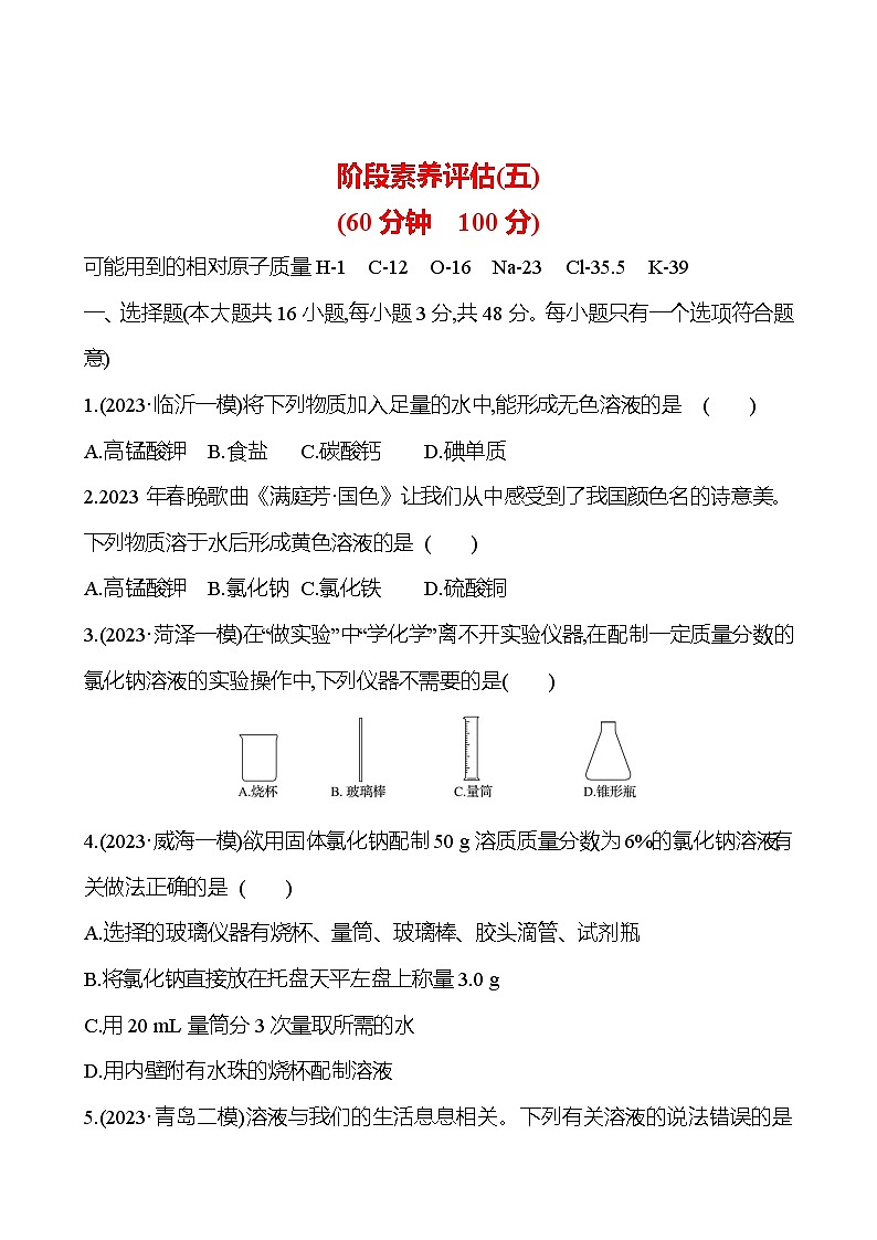 2023-2024 人教版化学 山东中考一轮复习 阶段素养评估(五) 试卷(学生版)第1页