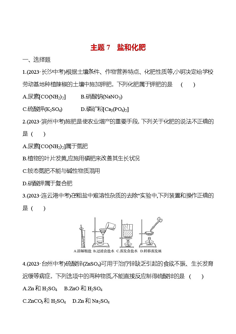 2023-2024 人教版化学 福建中考一轮复习 板块一 主题7 盐和化肥 专题练习(学生版)第1页