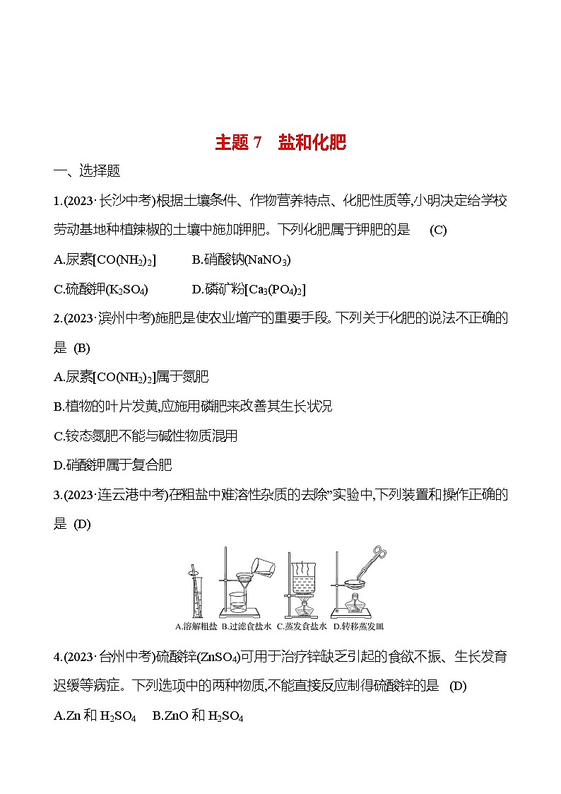 2023-2024 人教版化学 福建中考一轮复习 板块一 主题7 盐和化肥 专题练习(教师版)第1页
