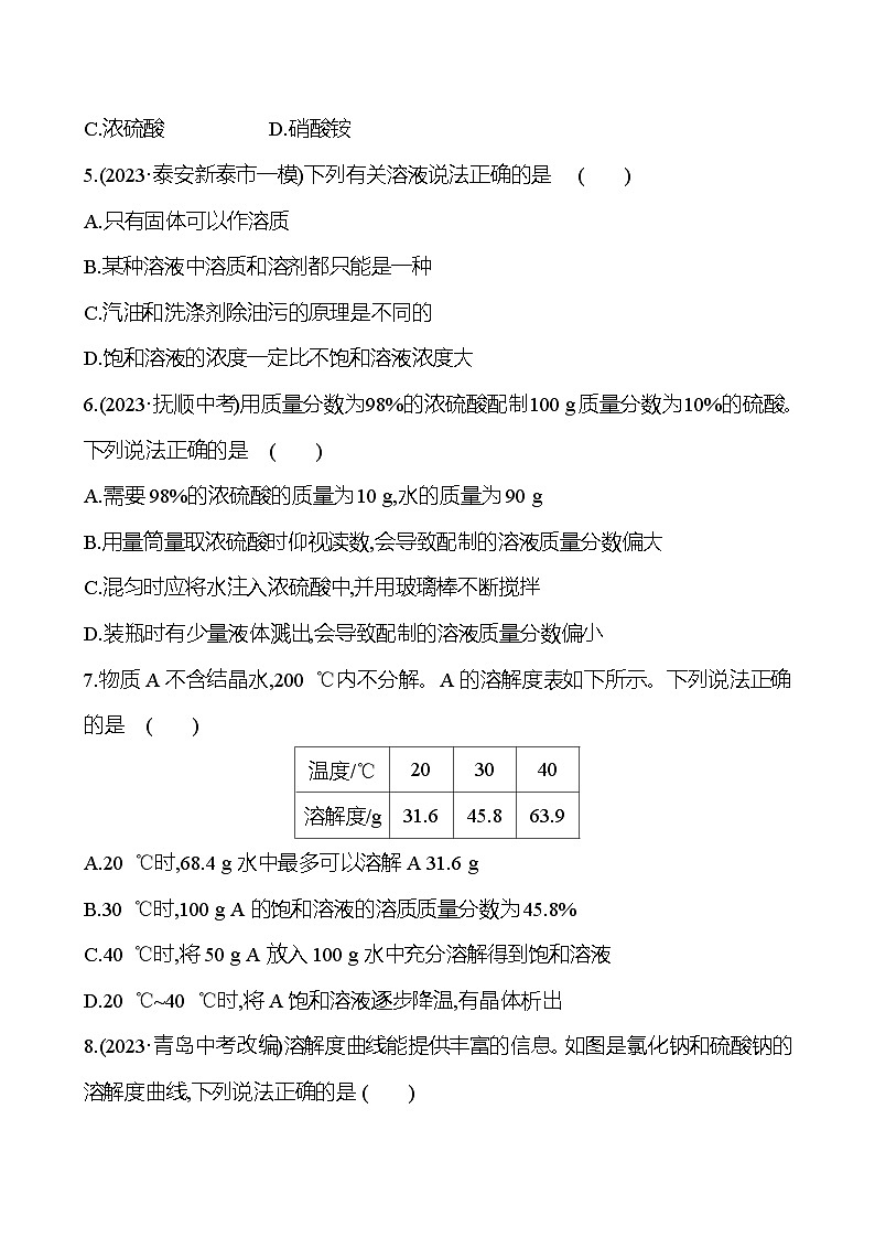 2023-2024 鲁教版化学 中考一轮复习 第七单元 溶液 提高练习02