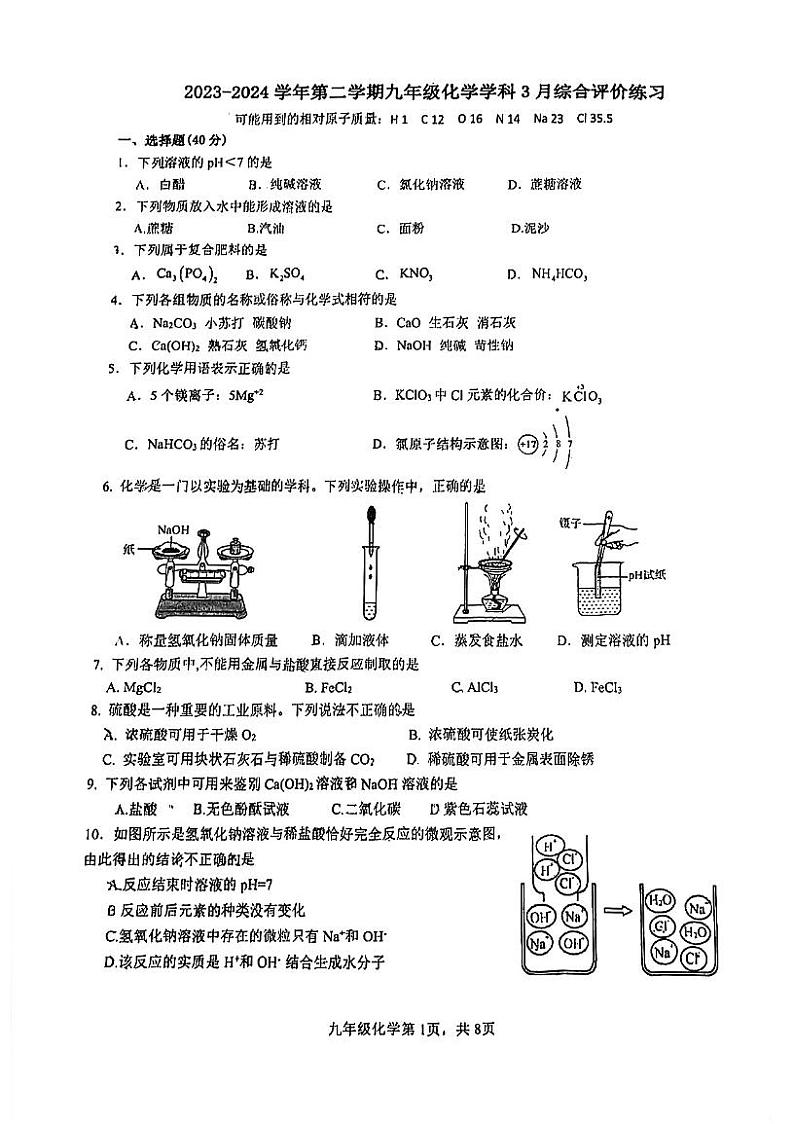 江苏省苏州市工业园区星海中学2023-2024学年九年级下学期第一次月考化学试卷(0模)第1页