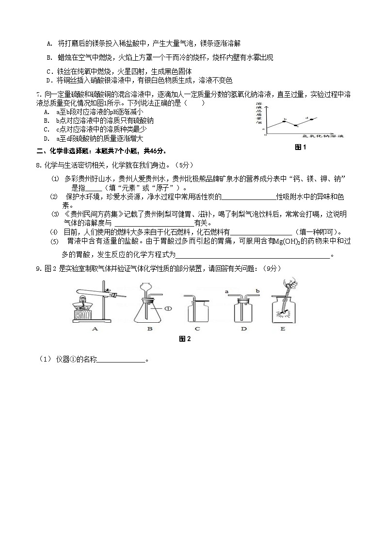 铜仁市阳光中学2024年春季学期九年级下册化学第一次月考测试卷第2页