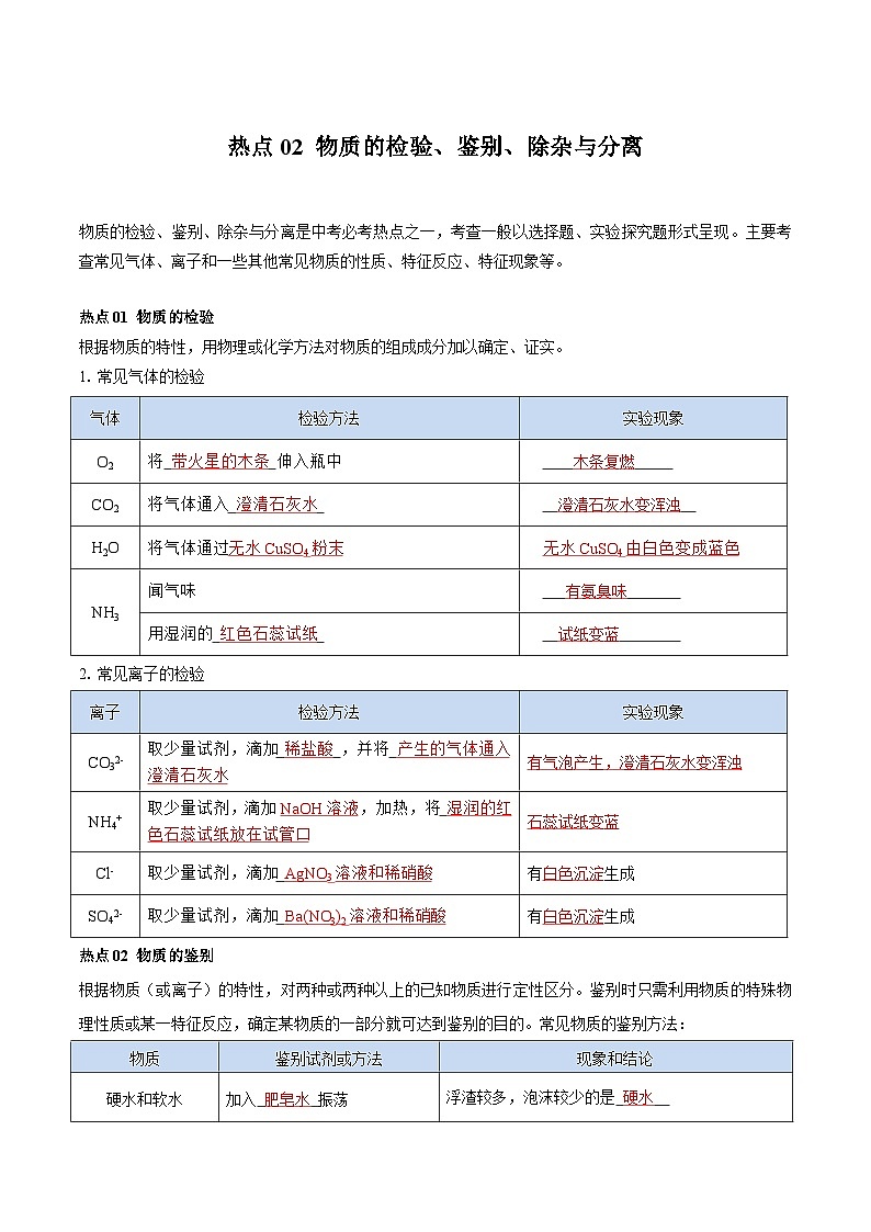 热点02 物质的检验、鉴别、除杂与分离 -2024年中考化学【热点·重点·难点】专练(江苏专用)(解析版)第1页