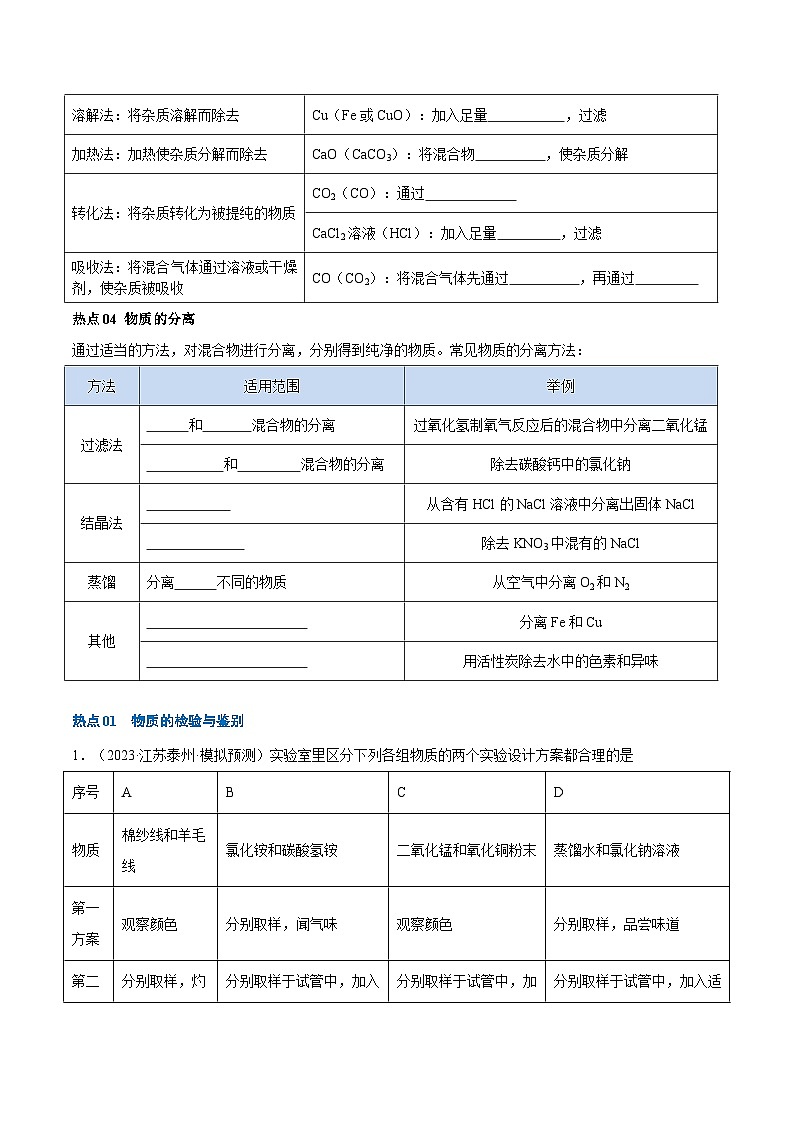 热点02 物质的检验、鉴别、除杂与分离 -2024年中考化学【热点·重点·难点】专练(江苏专用)(原卷版)第3页