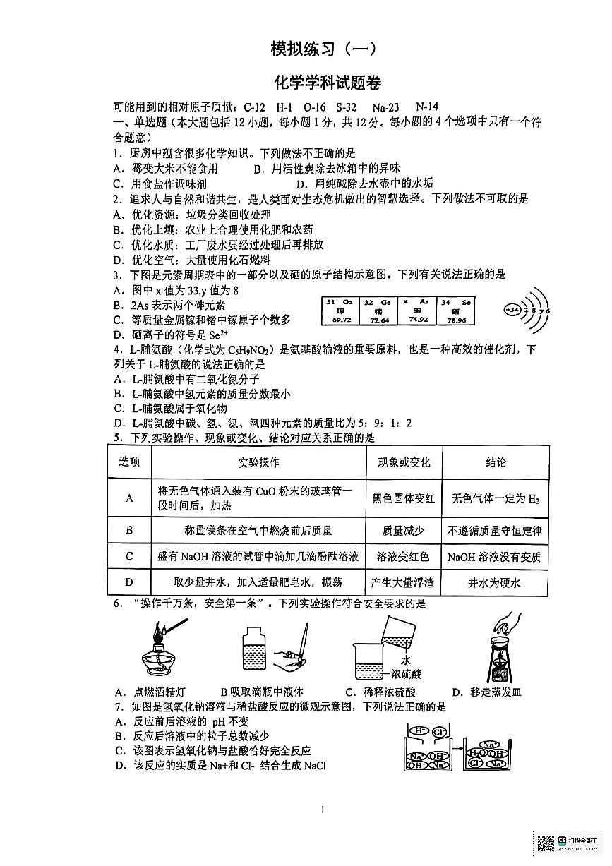 2024年安徽省合肥使第四十二中学中考一模化学试卷第1页