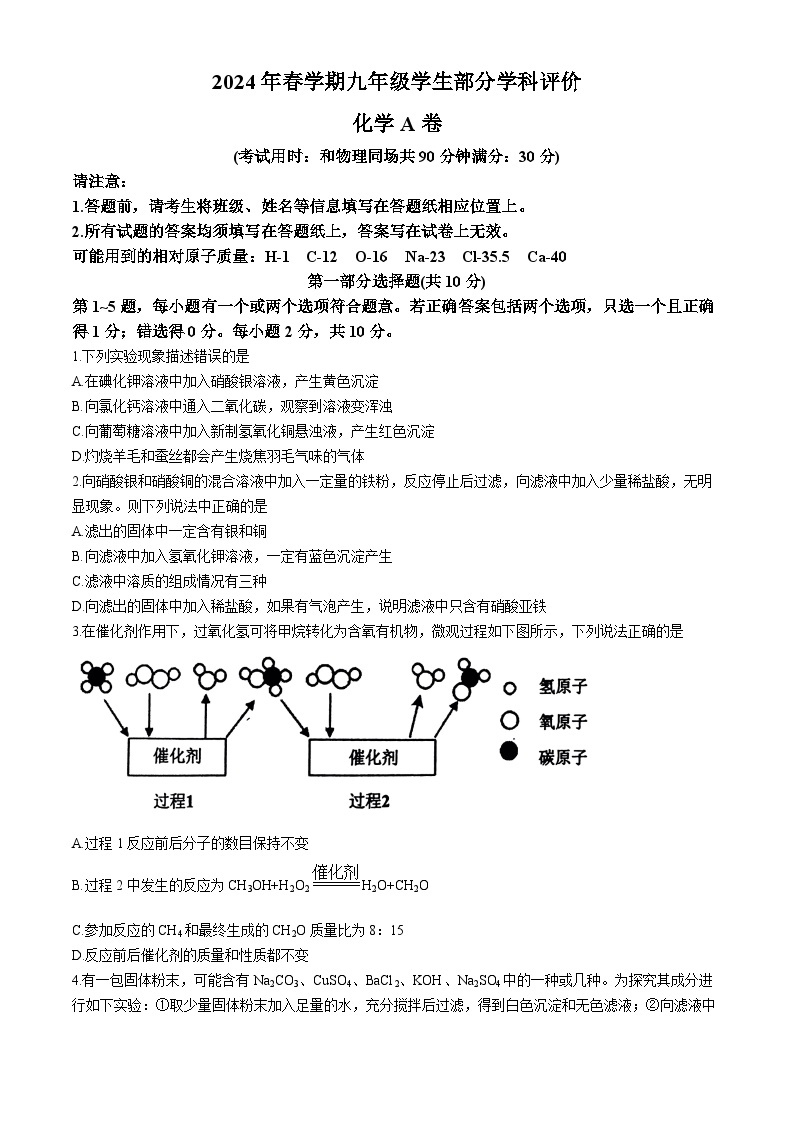 江苏省泰州市兴化市2023-2024学年九年级下学期3月月考化学+A卷01
