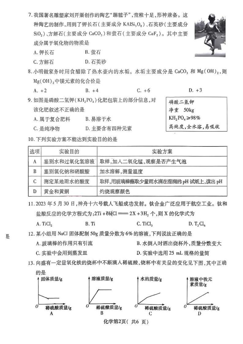 河南省襄城县部分学校2024年九年级下学期一模考试化学试题02