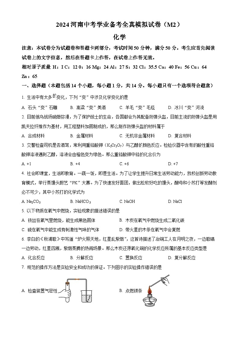 精品解析:河南省信阳市羊山中学2023-2024学年九年级下学期3月月化学试卷(原卷版)第1页