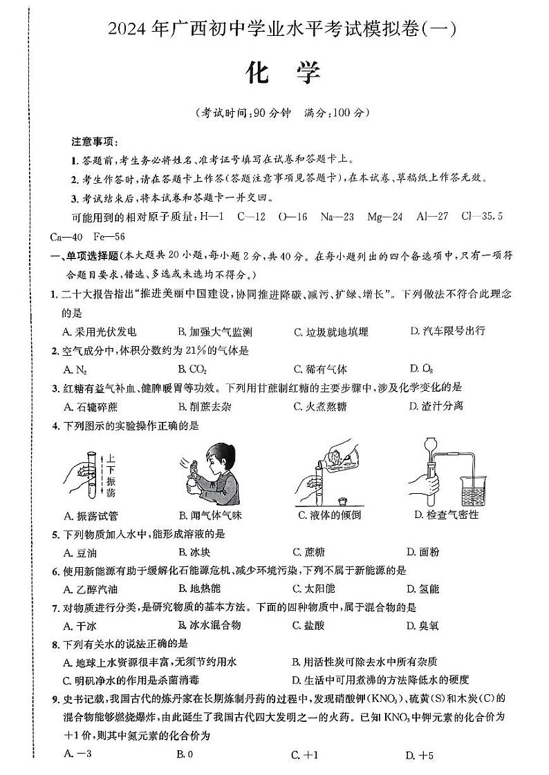 2024年广西民族大学附属中学中考第一次模拟化学试卷01