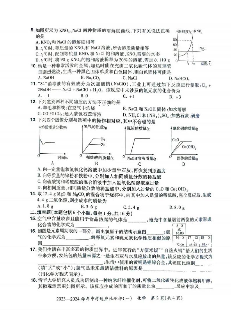 河南省安阳市滑县2024年九年级中招一模化学试卷及答案第2页