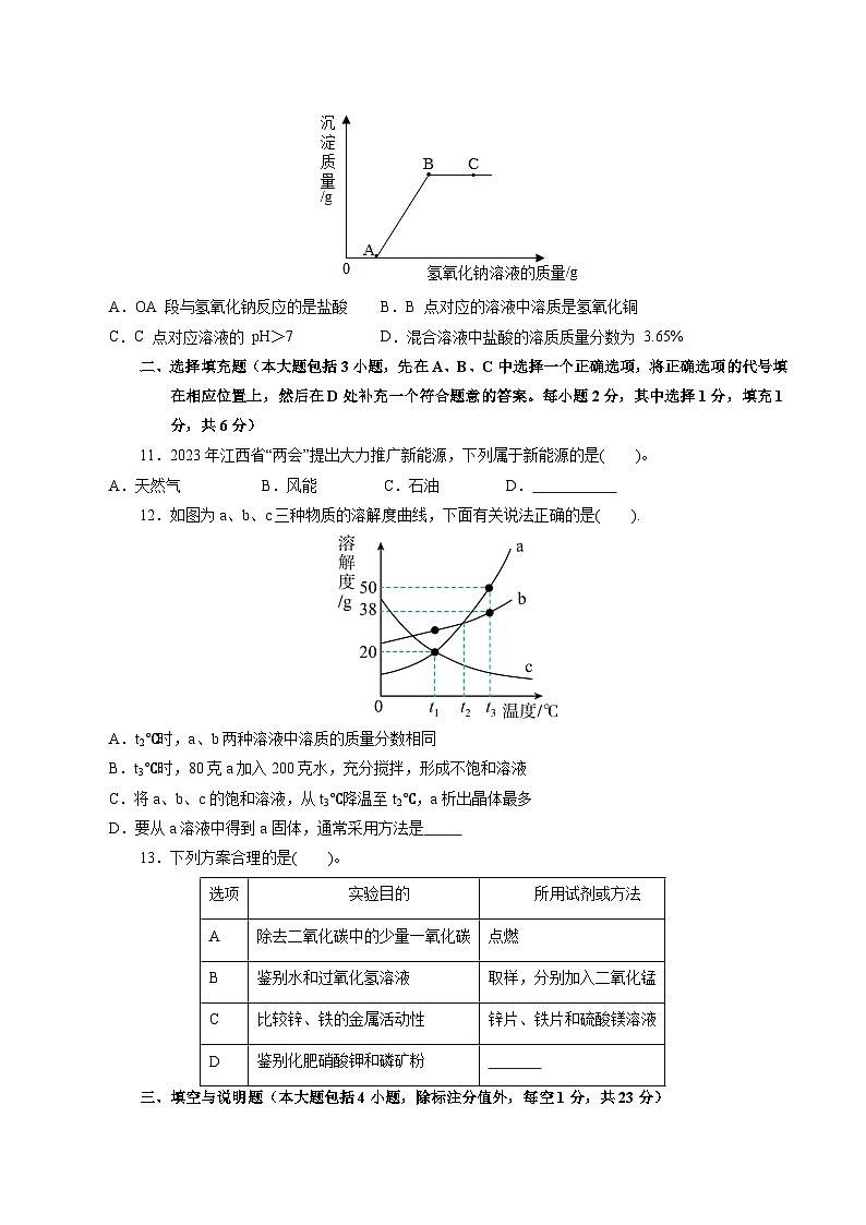 2024年中考第一次模拟考试题:化学(江西卷)(学生用)03