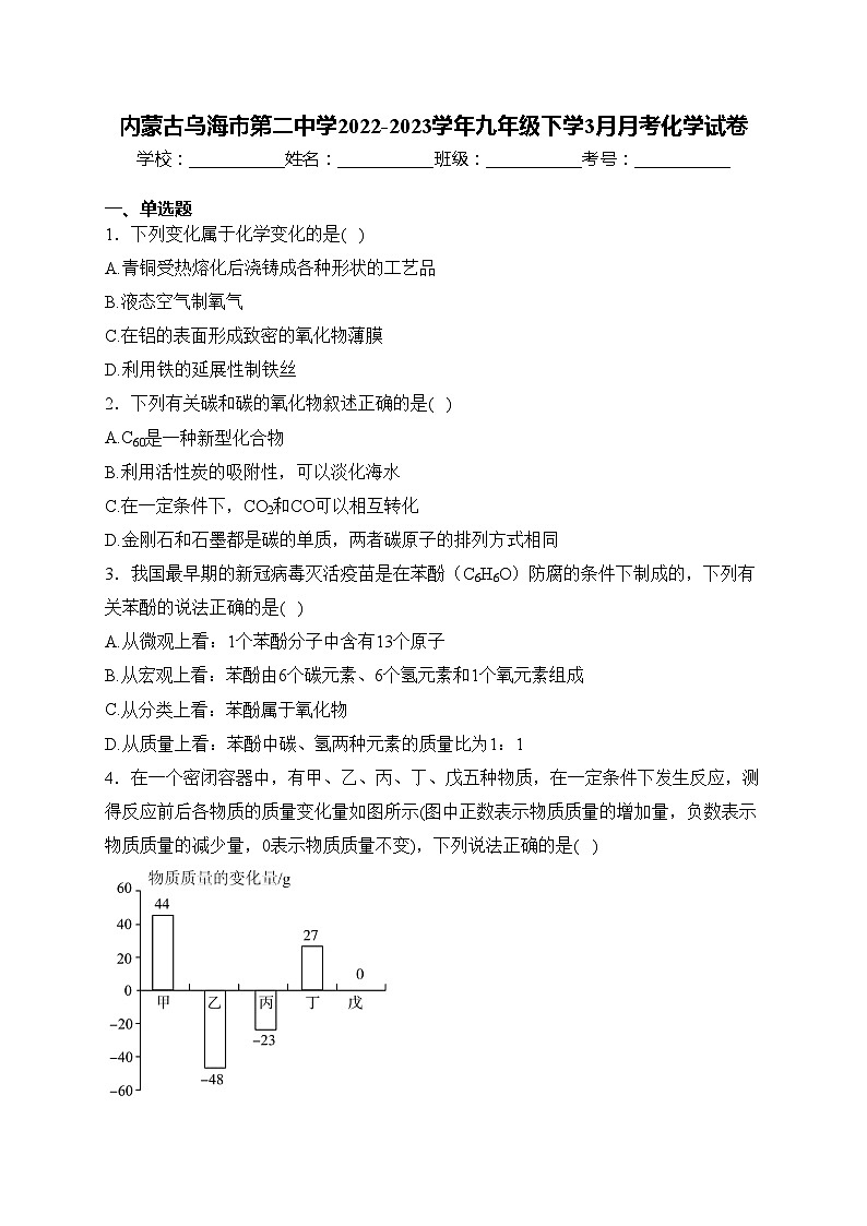内蒙古乌海市第二中学2022-2023学年九年级下学3月月考化学试卷(含答案)第1页