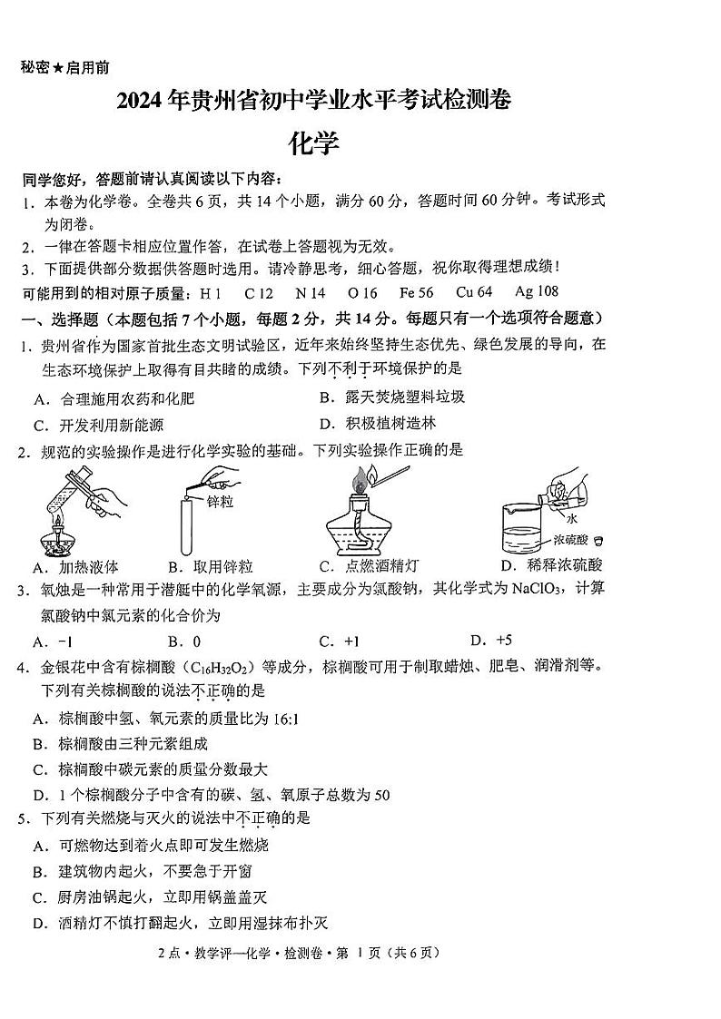 2024年贵州省毕节市纳雍县部分学校九年级下学期一模考试化学试题+第1页