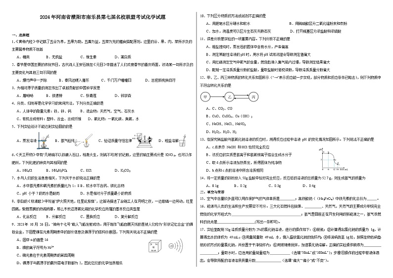 2024年河南省濮阳市南乐县第七届名校联盟考试化学试题01