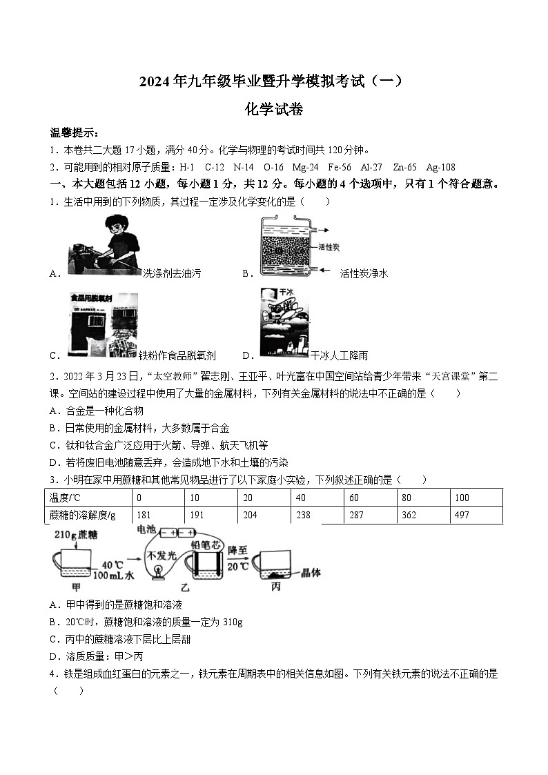 2024年安徽省芜湖市区中考一模化学试题含答案01