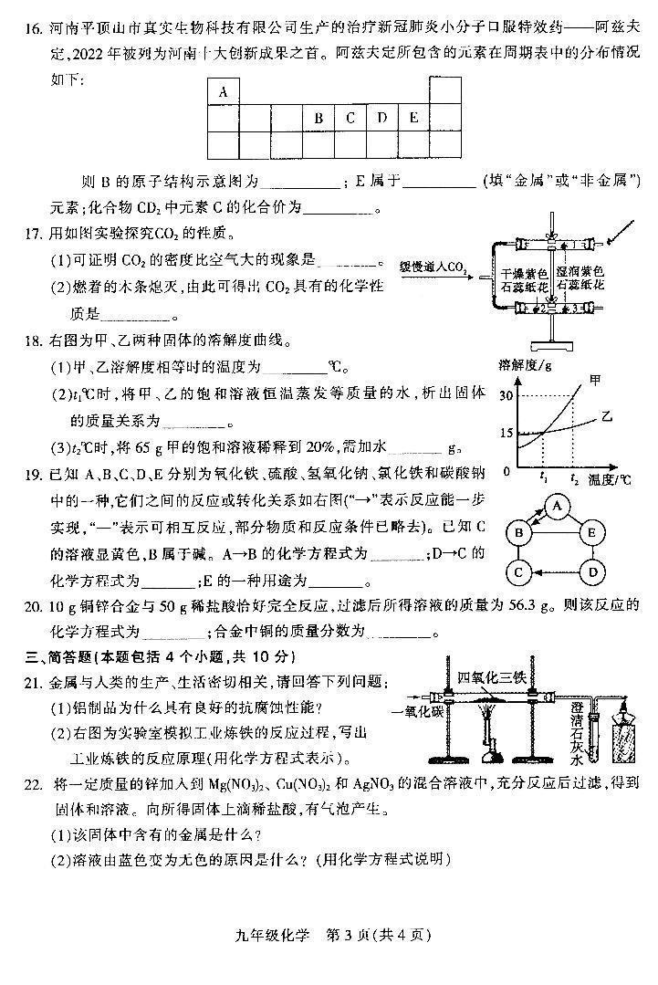 2024年河南省平顶山第一次调研考试九年级化学试题和答案03