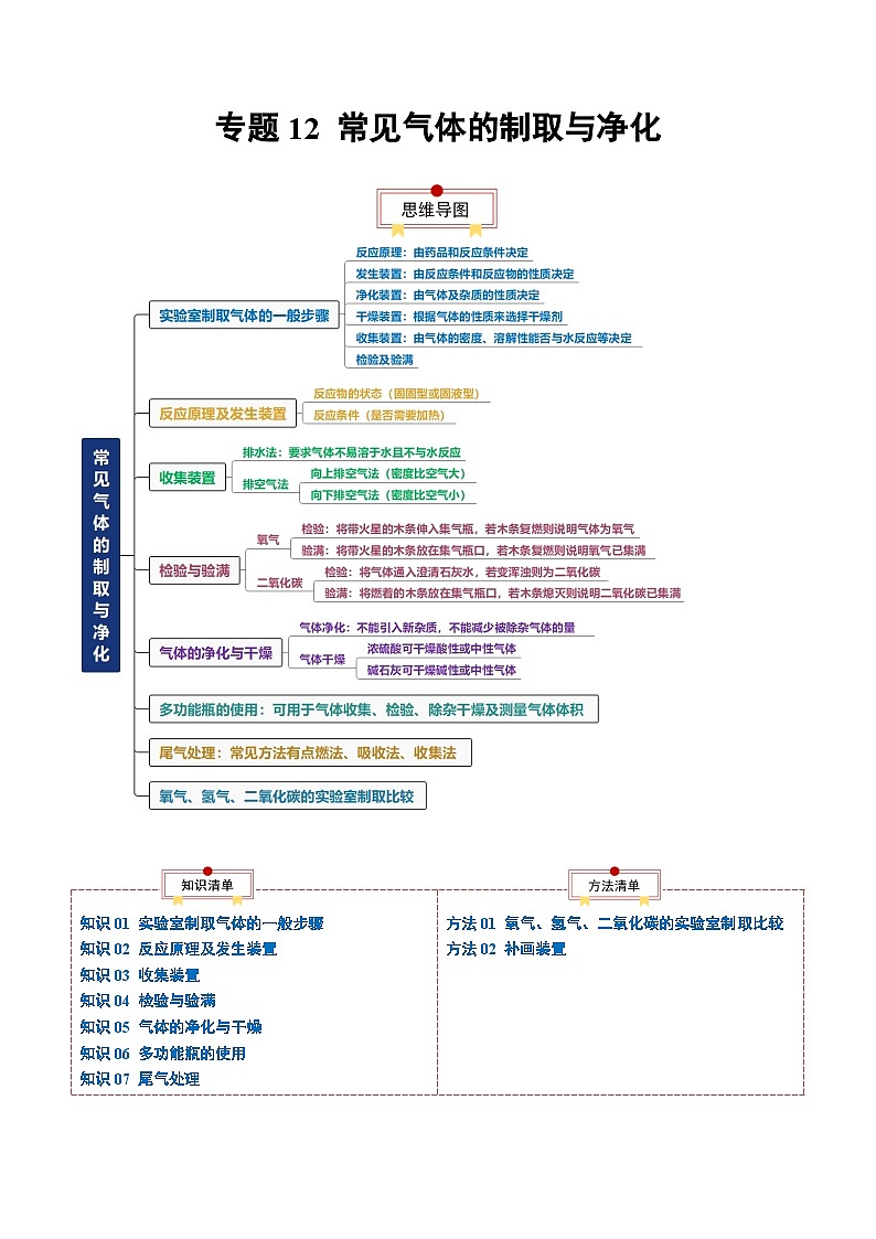 专题12 常见气体的制取与净化-2024年中考化学一轮复习知识清单第1页