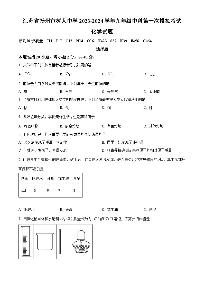 2024年江苏省扬州市树人中学中考第一次模拟考试化学试卷（原卷版+解析版）01