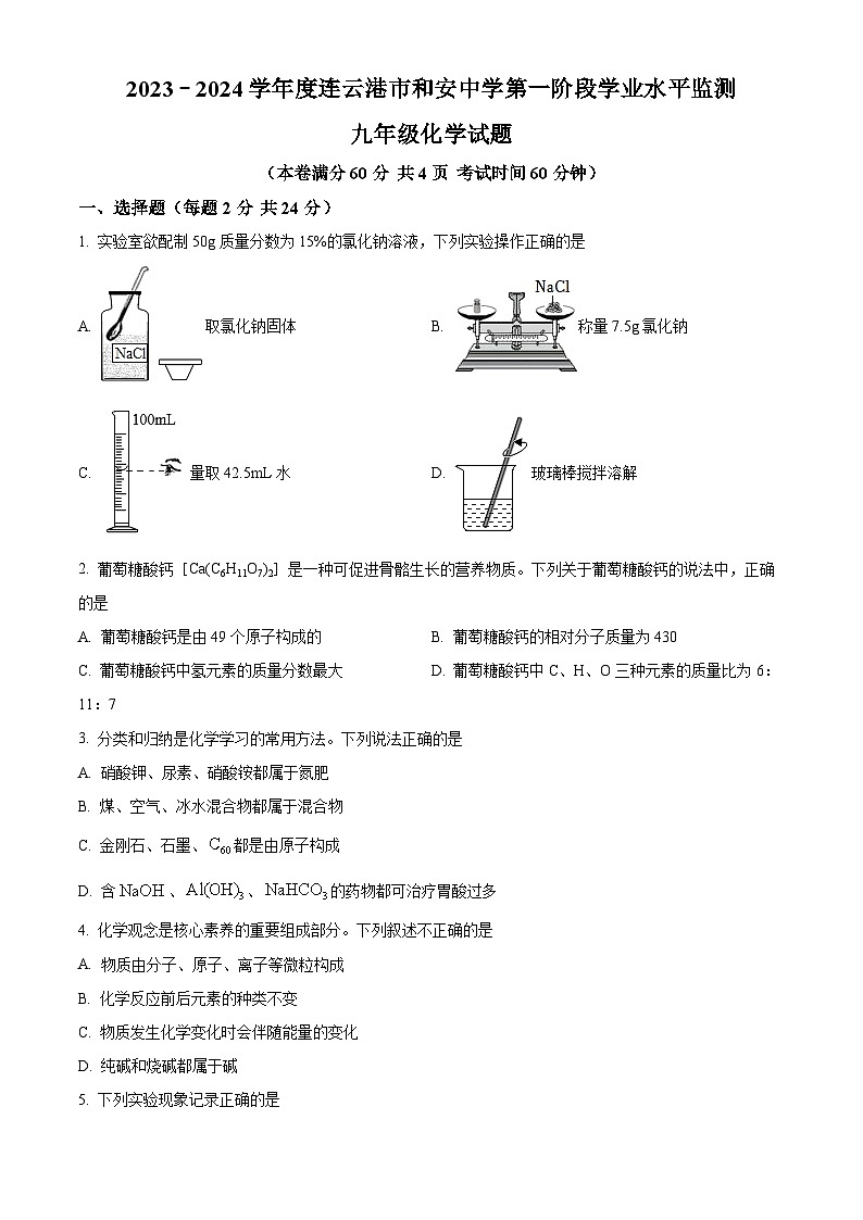 江苏省连云港市和安中学2023-2024学年九年级下学期4月月考化学试题(原卷版)第1页