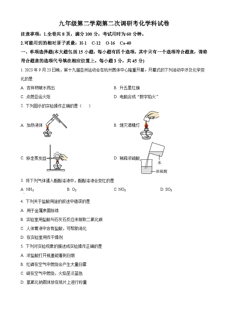 广东省惠州市惠阳区中山中学2023-2024学年九年级下学期3月月考化学试题(原卷版+解析版)01