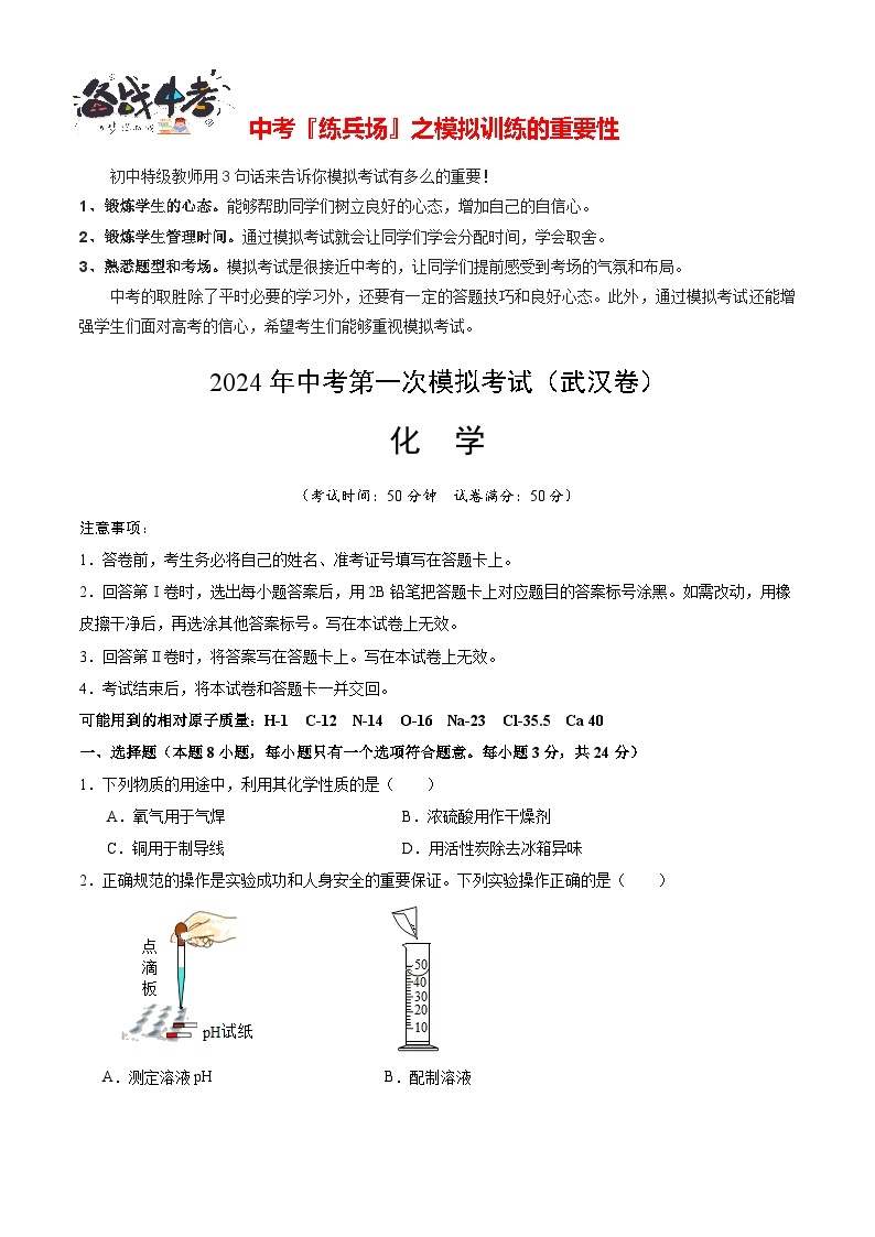 中考化学（武汉卷）-2024年中考第一次模拟考试01