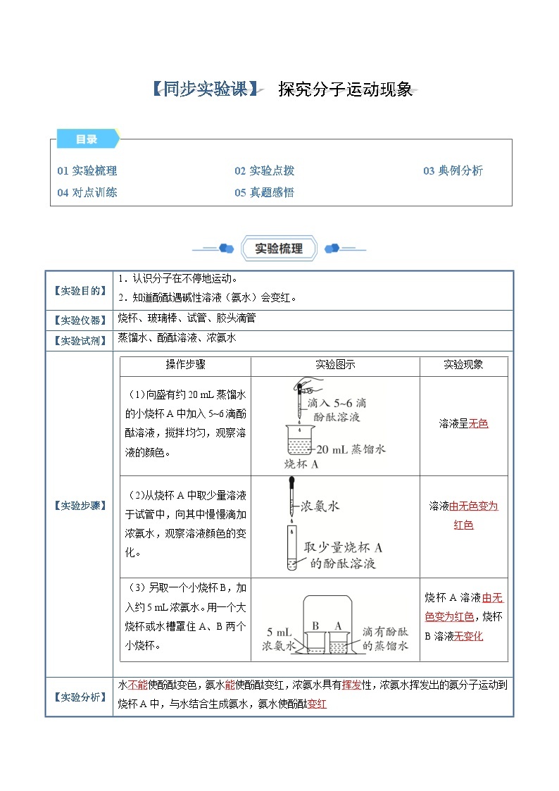 实验03 探究分子运动现象同步练习（原卷版+解析版）01