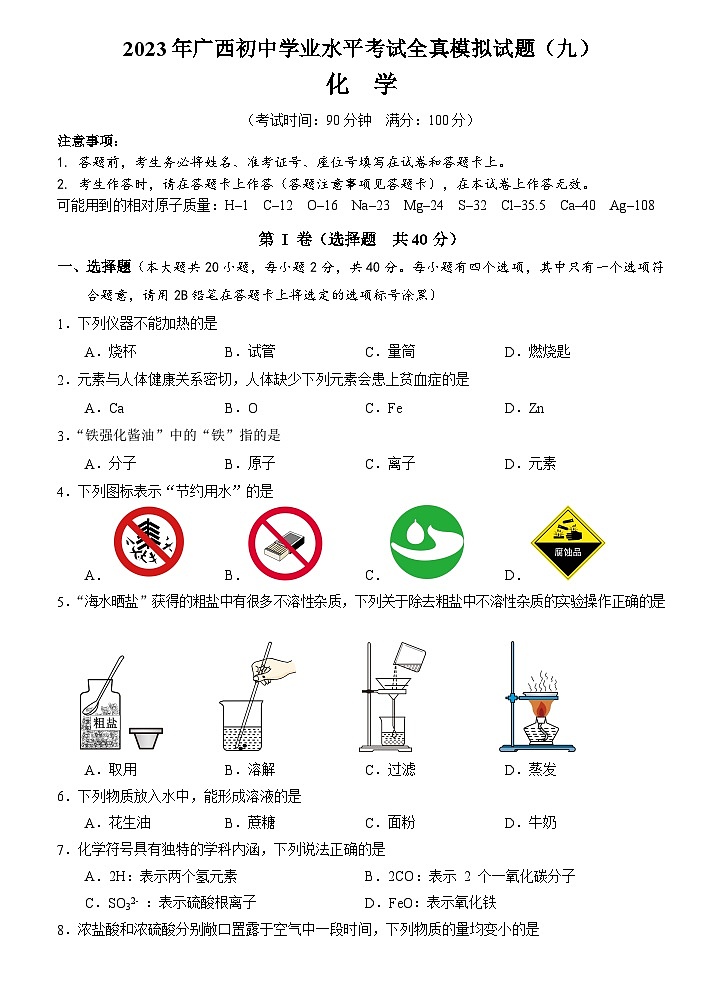 2023年广西南宁市三美学校初中学业水平考试全真模拟化学试题(九)01