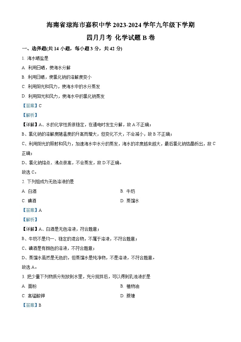 海南省琼海市嘉积中学2023-2024学年九年级下学期四月月考化学试题B卷（原卷版+解析版）01