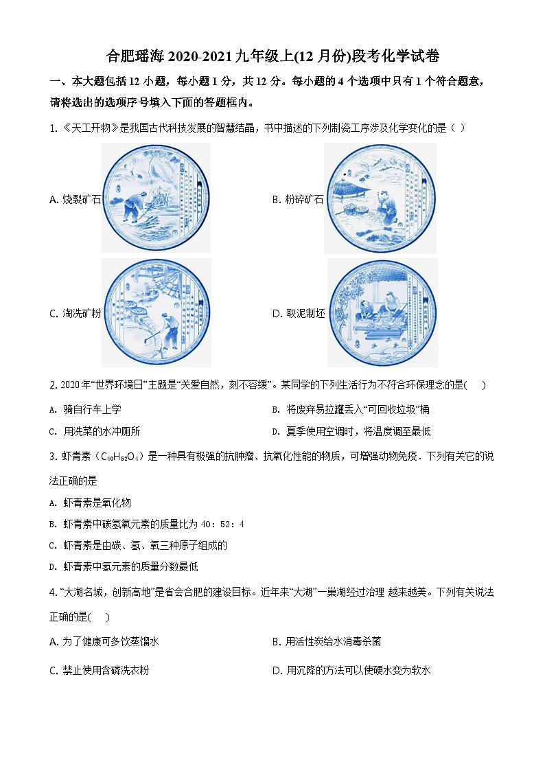 2021人教版·安徽省合肥市瑶海区九年级上学期12月月考化学试题第1页