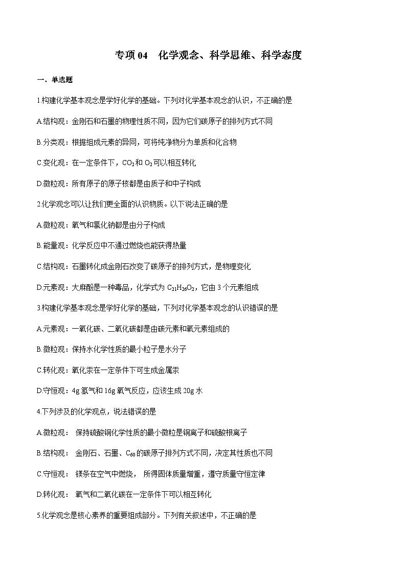 2024中考化学考点专项训练04化学观念、科学思维、科学态度含答案第1页