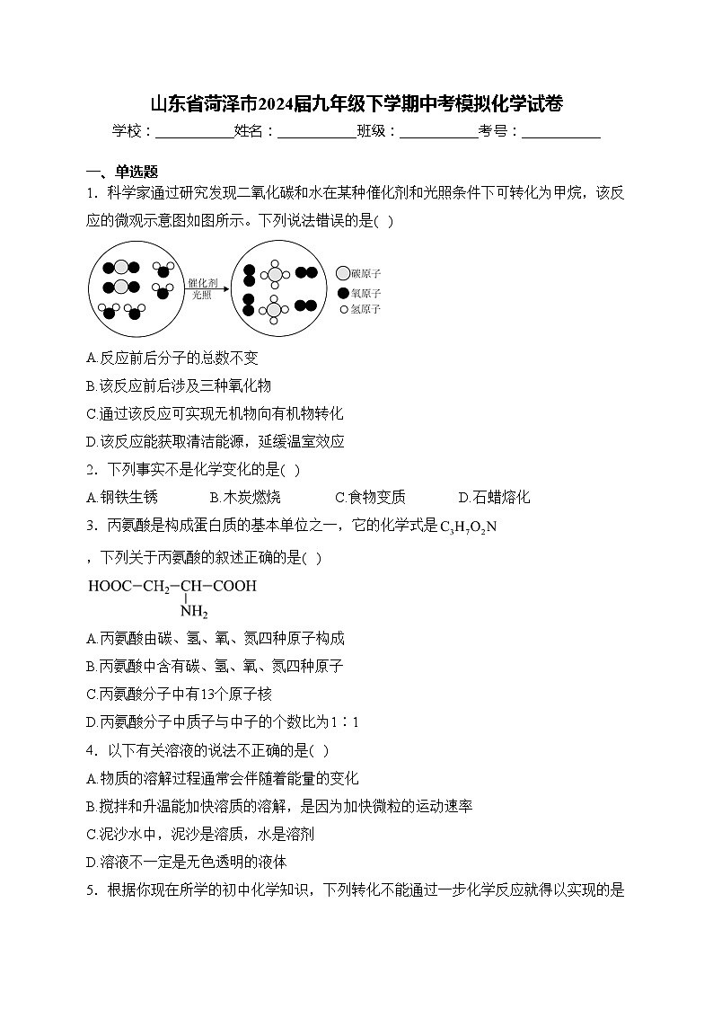 山东省菏泽市2024届九年级下学期中考模拟化学试卷(含答案)第1页