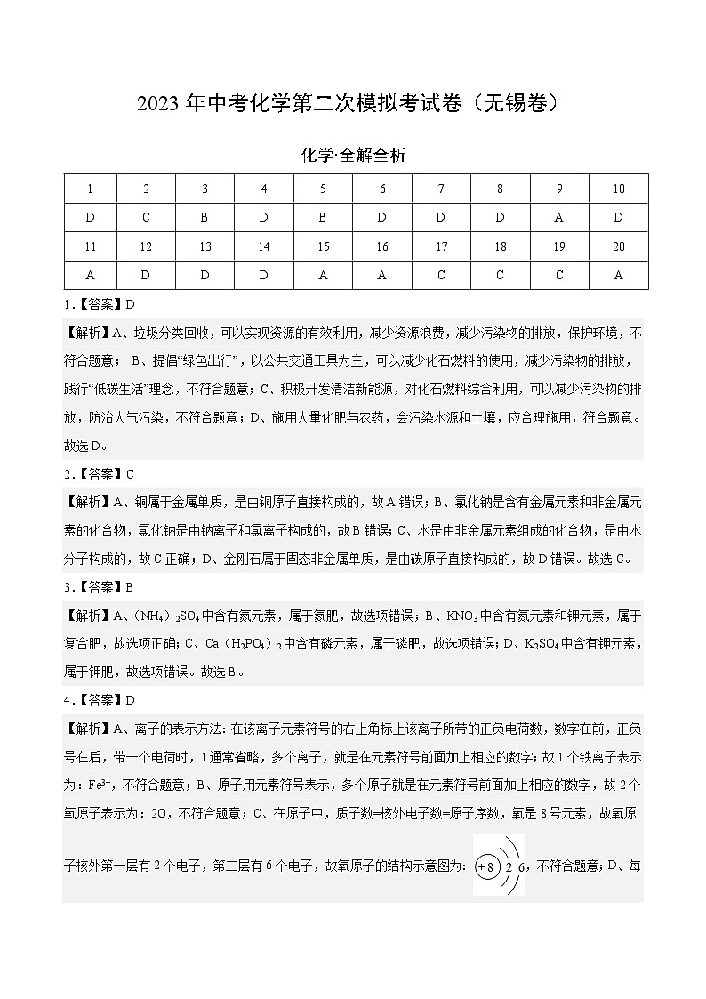 化学(无锡卷)2023年中考第二次模拟考试卷(解析版)01